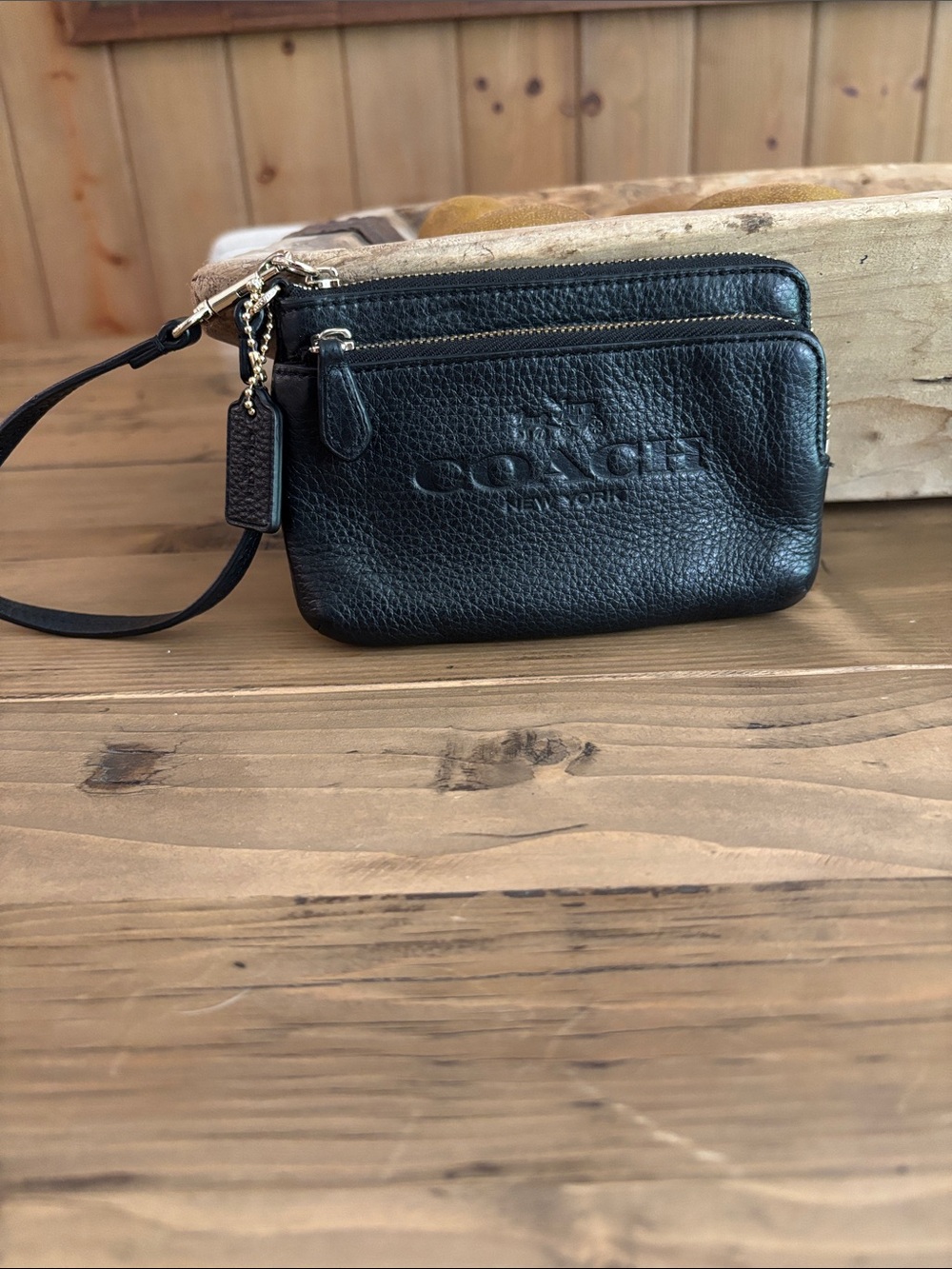 Coach Black Pebbled Leather Wristlet with Gold Hardware